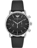 Emporio Armani Aviator Chronograph Black Dial Black Leather Strap Watch For Men - AR11143